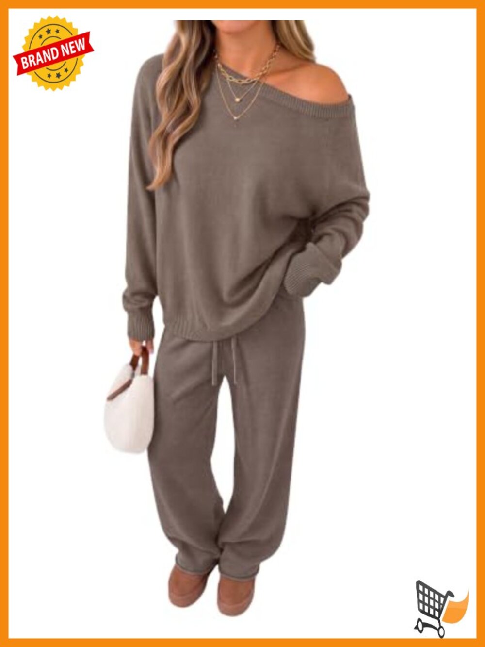 2 Piece Off Shoulder Knit Sweater Lounge Set Wide Leg Pants